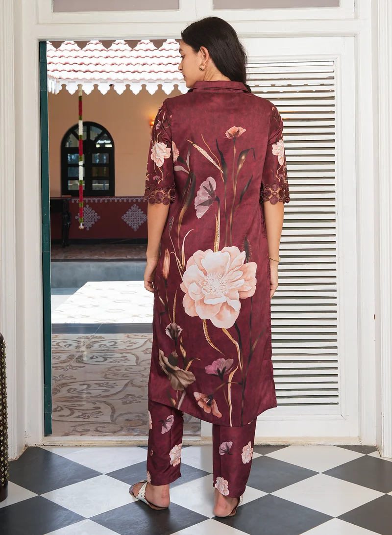 Qissa  Women's Burgundy Red Bloomera Imprint Kurta Set For Casual Wear | Spread Collar | Quarter Regular Sleeves | 2 Piece Kurta Set Designed With Comfort Fit For Everyday Ethnic Wear for Women | Best Price UAE